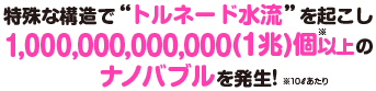 特殊な構造で”トルネード水流”を起こし約1,000,000,000,000(1兆)個※以上のナノバブルを発生!※10ℓあたり